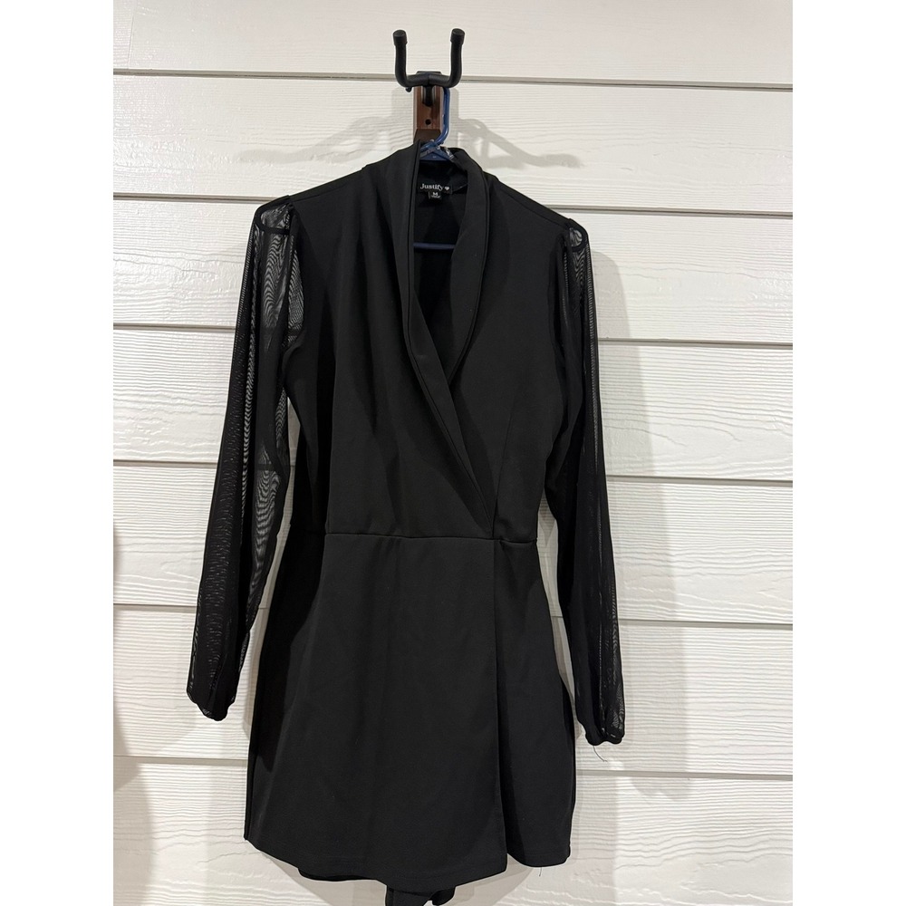 B- 037- Justify Blk Long Sheer Mesh Sleeve Wrap Front Shawl Collar Romper Size M